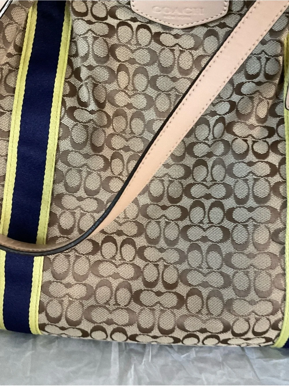Coach Signature C Jacquard Canvas Tote Bag Tan Leather Trim Shoulder Bag - Picture 3 of 11